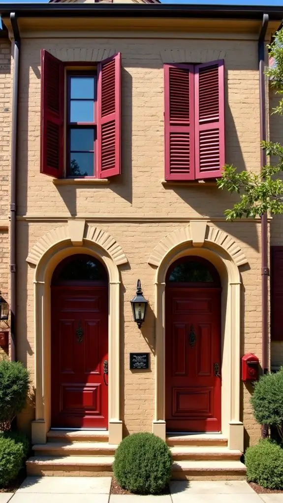 burgundy shutters enhance brick