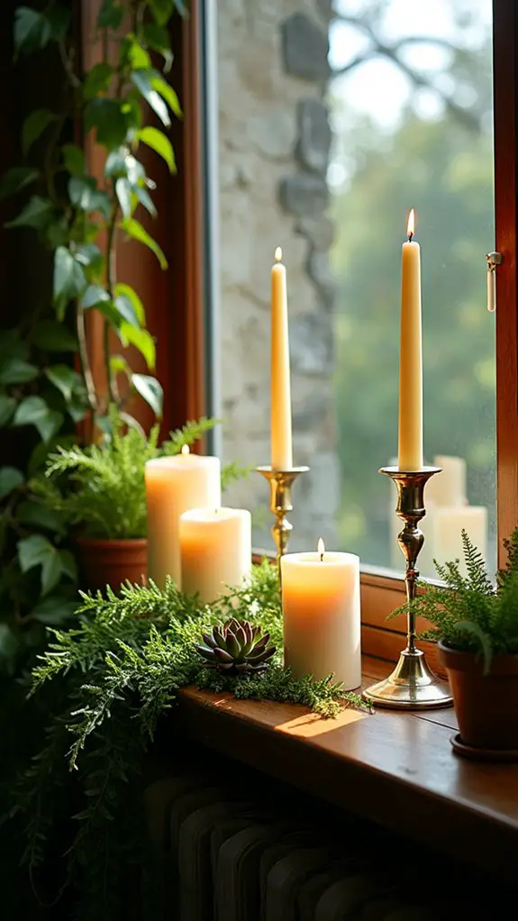 candles and greenery arrangement