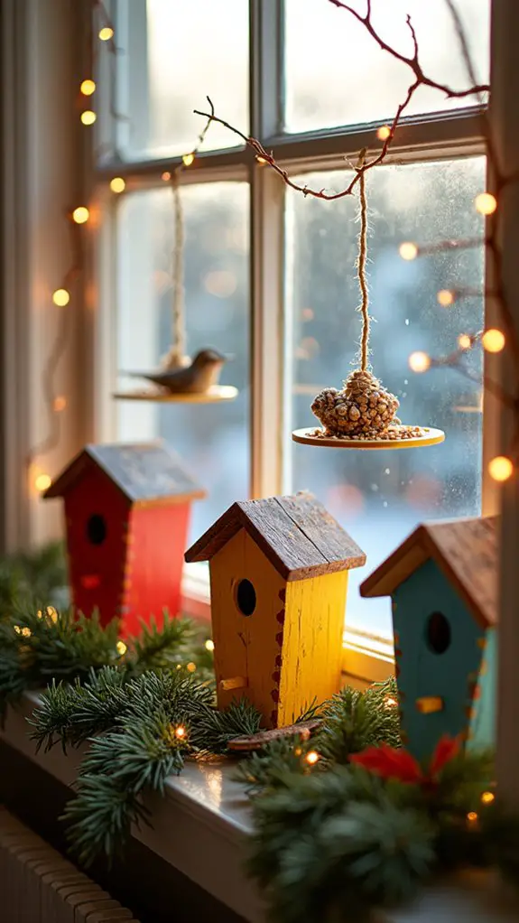 colorful birdhouses and feeders