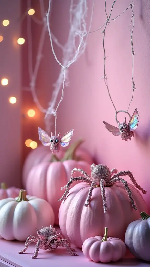 glittery pink spider decorations