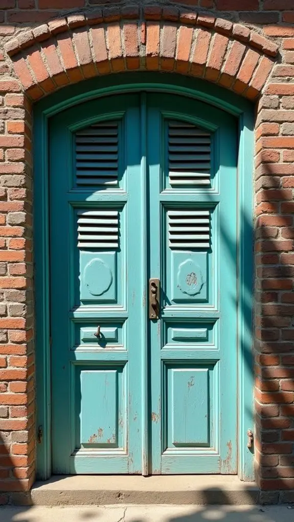 teal shutters on brick