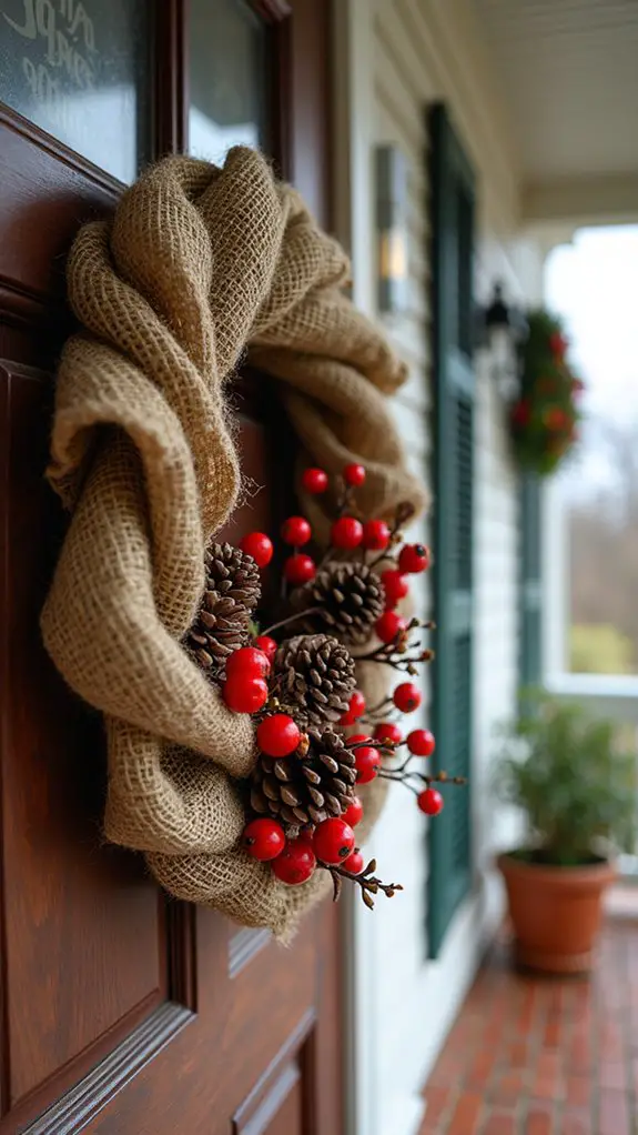 burlap wreath with pinecones
