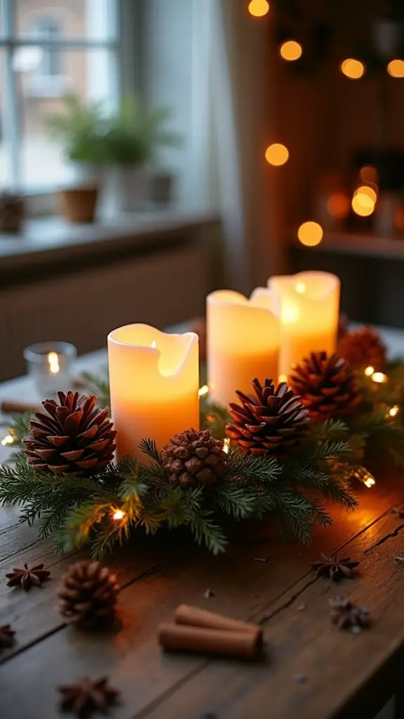 candle lit pinecone decorations