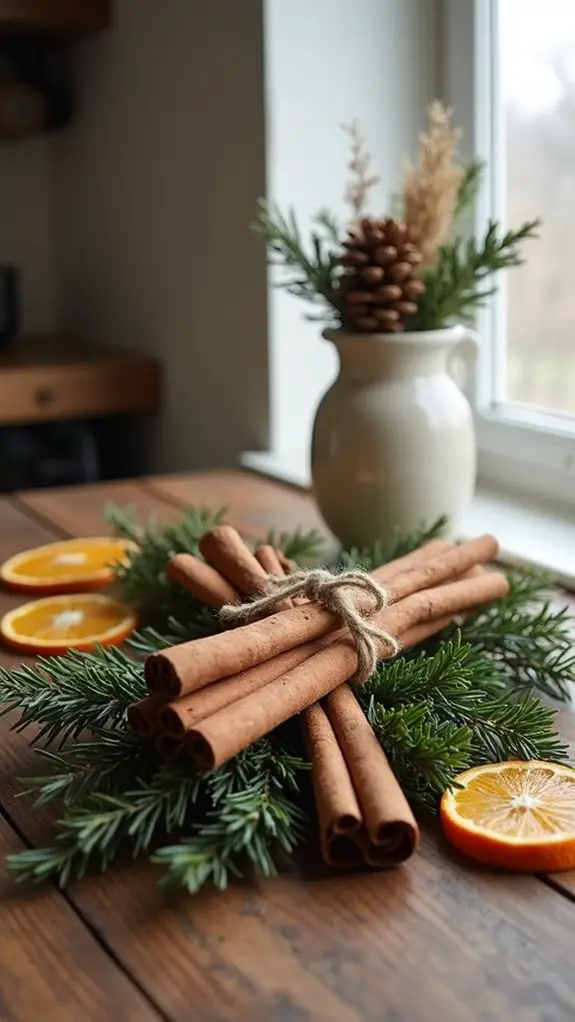 cinnamon sticks and evergreen