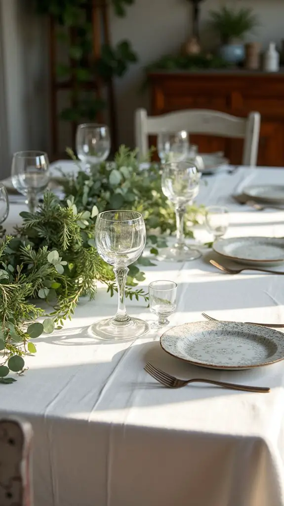 elegant white tablecloth greenery