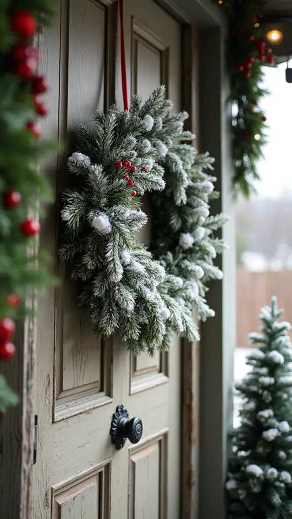 flocked wreath with seasonal greens