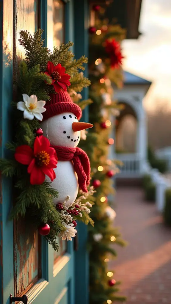 floral accents enhance snowman