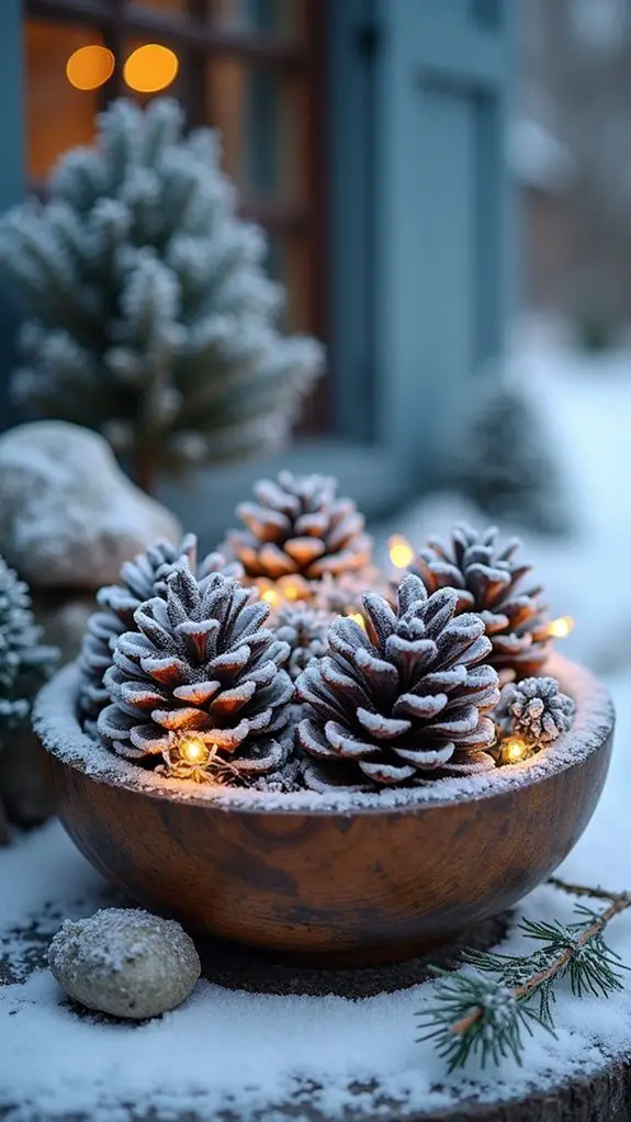 frosted pinecones with lights