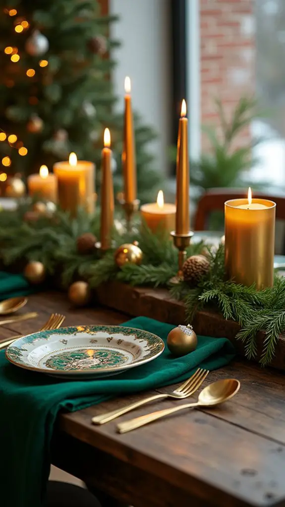 gold candles green holders