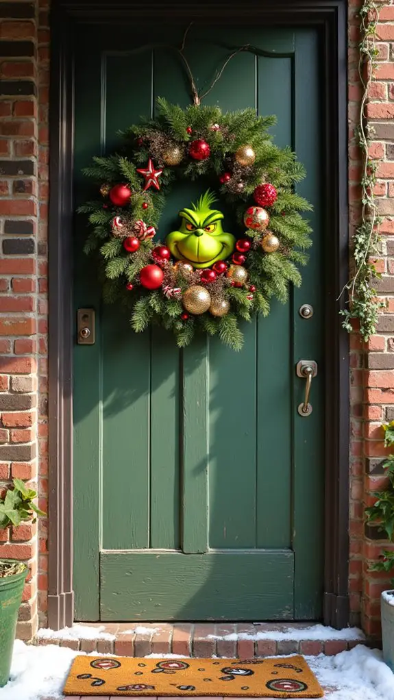 grinch themed festive wreath decoration