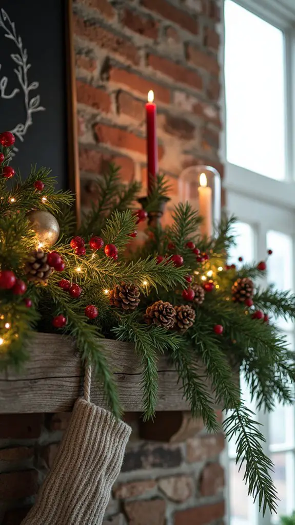 pinecone berry mantel arrangement