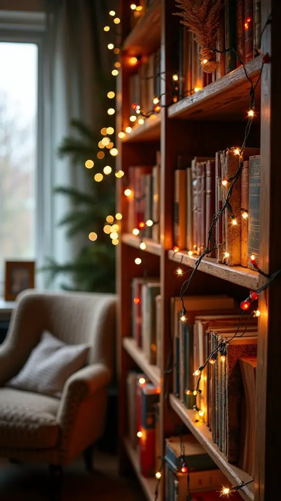 sparkling lights on bookshelves