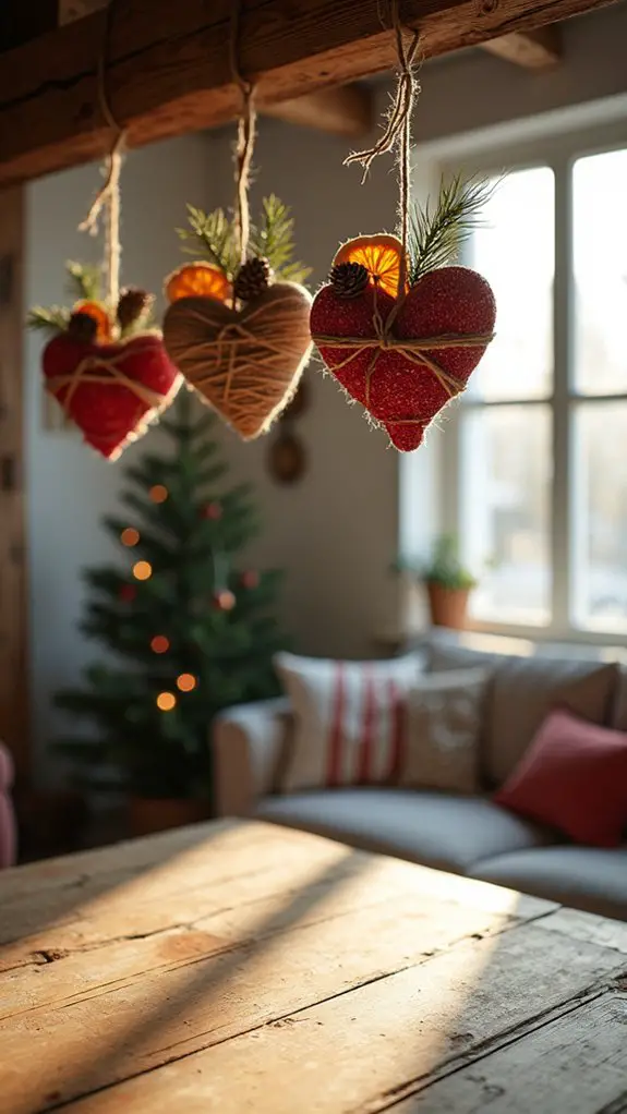 twine wrapped heart ornaments