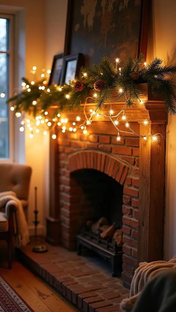 twinkling lights on mantel