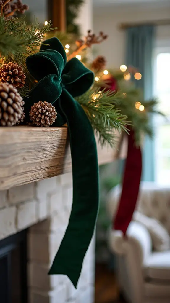 velvet ribbon and pinecones