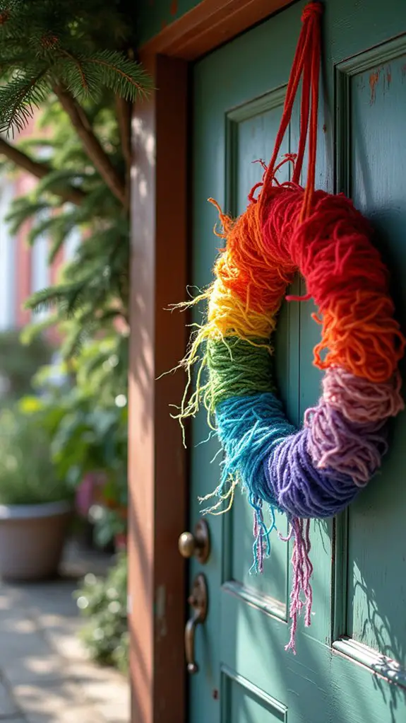 vibrant rainbow yarn wreath