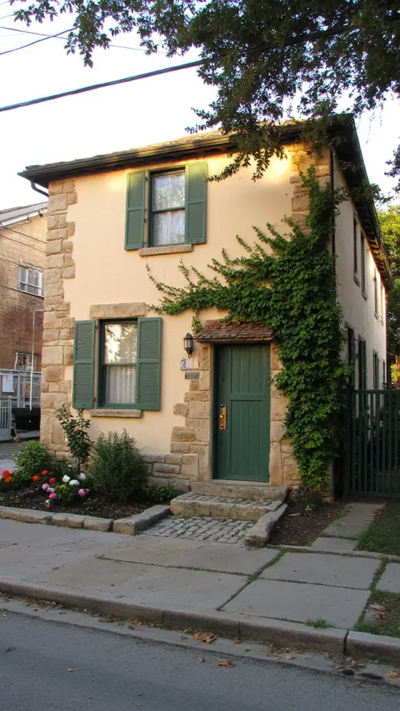 beige exterior green shutters