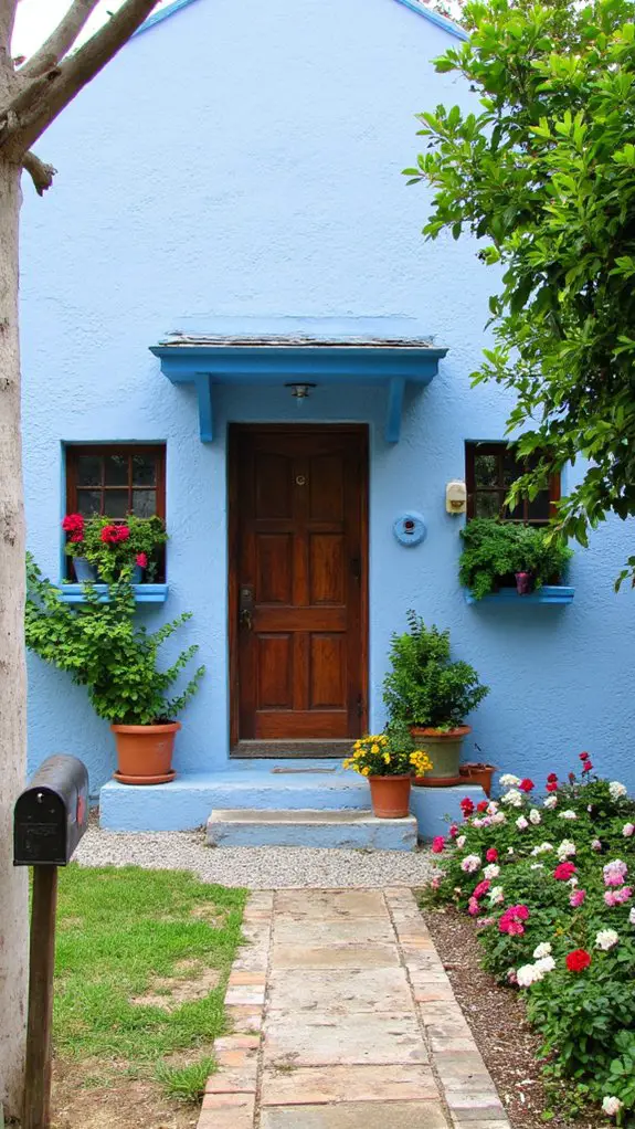 blue accents enhance stucco