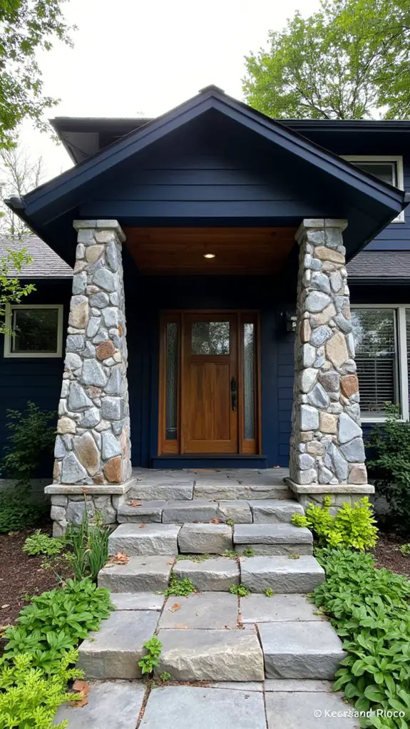 blue home with stone pillars