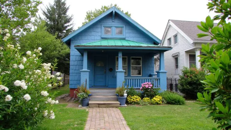 blue house with green roof