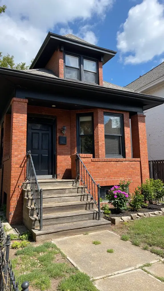 brown bungalow with black shutters