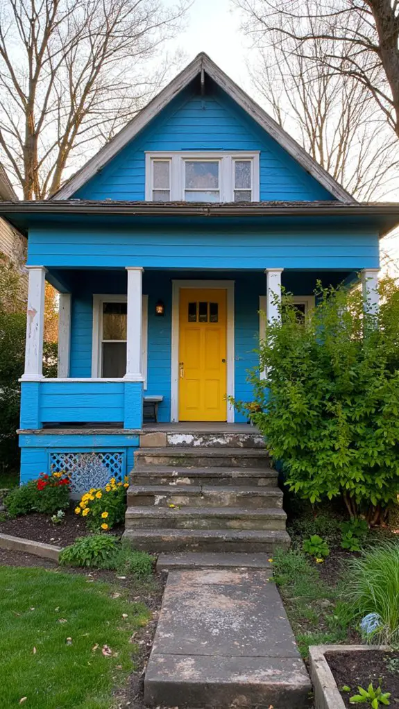 cheerful blue farmhouse entrance