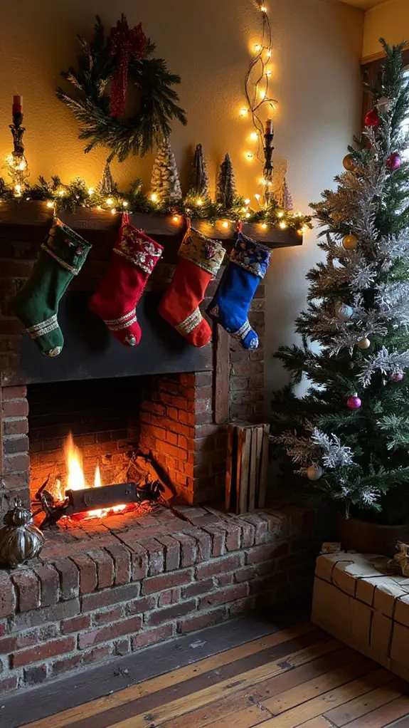 colorful stockings by fireplace