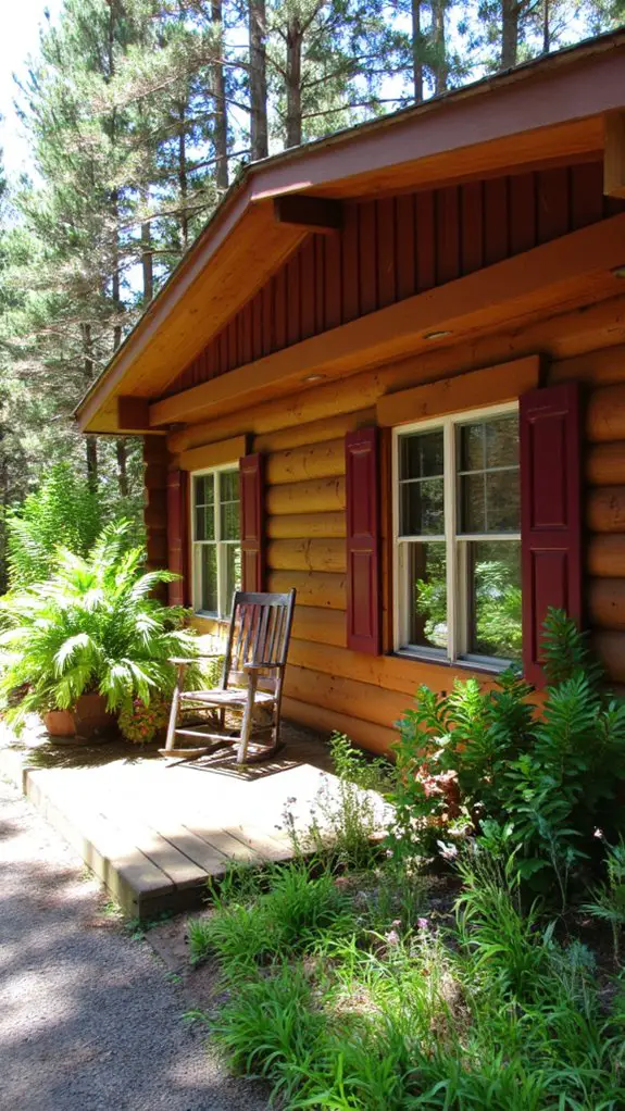 cozy maroon shuttered log cabin