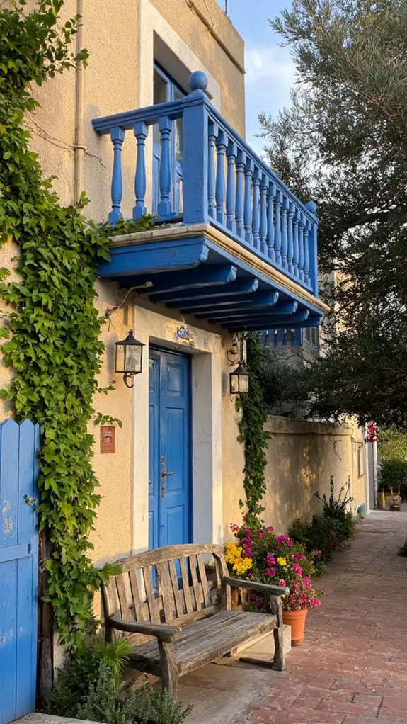 elegant blue balustrades enhance exteriors