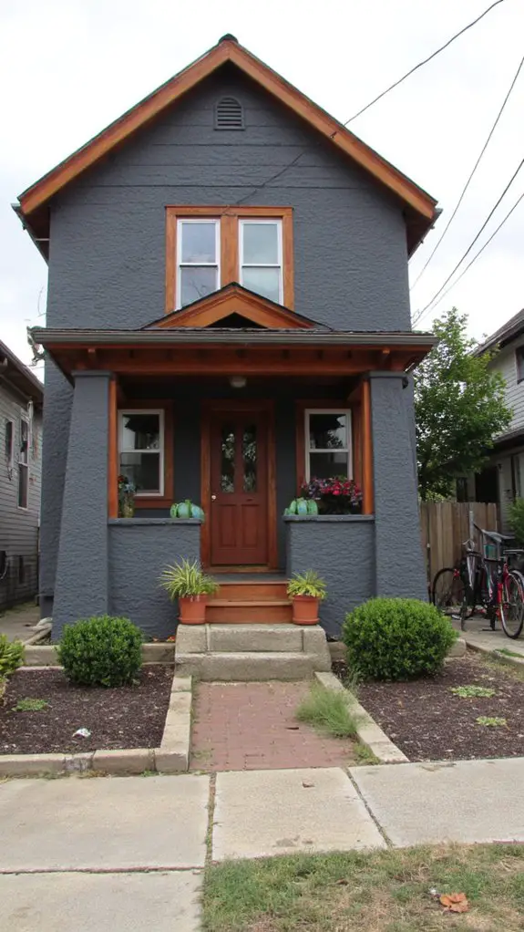 gray architecture with redwood
