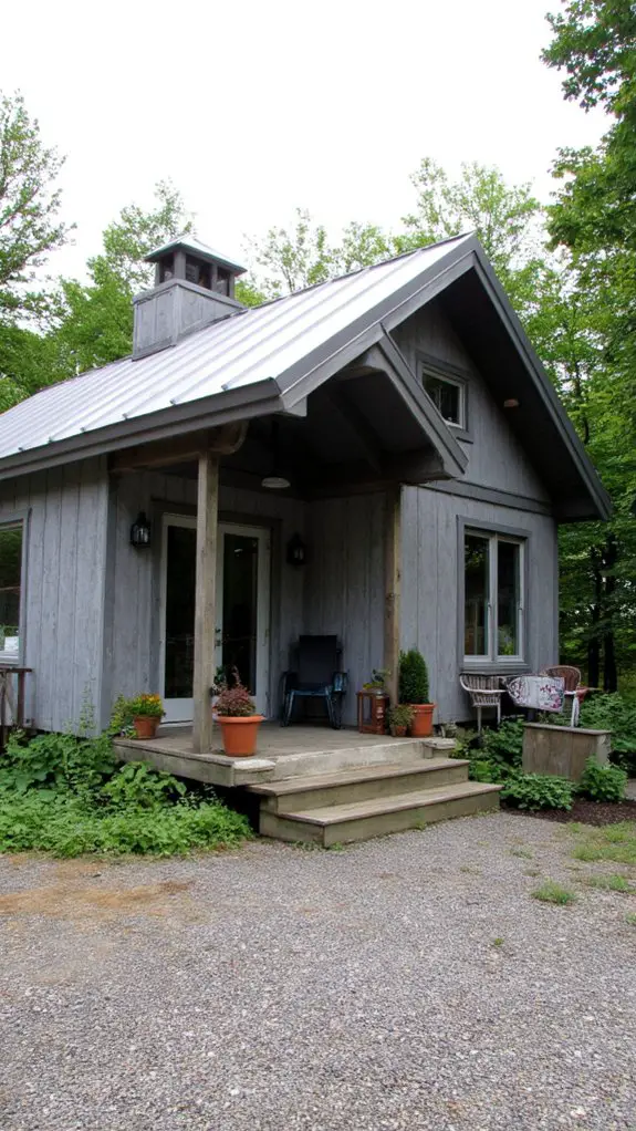 gray cabin with metal overhang