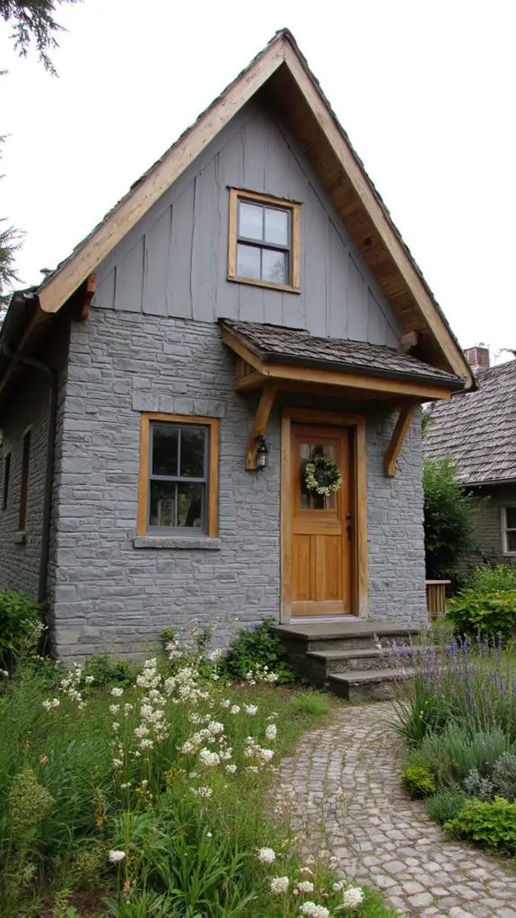 gray chalet with wood overhangs