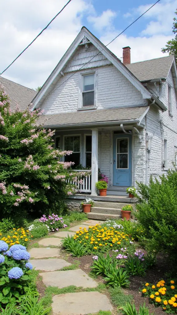 gray house colorful landscaping