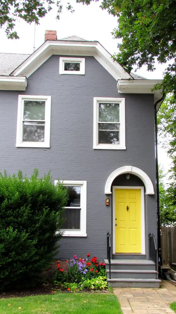 gray house with yellow entrance