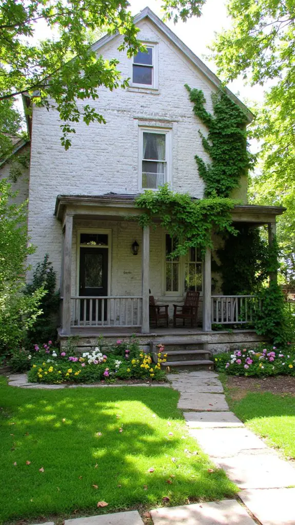 lush landscaping enhances gray brick