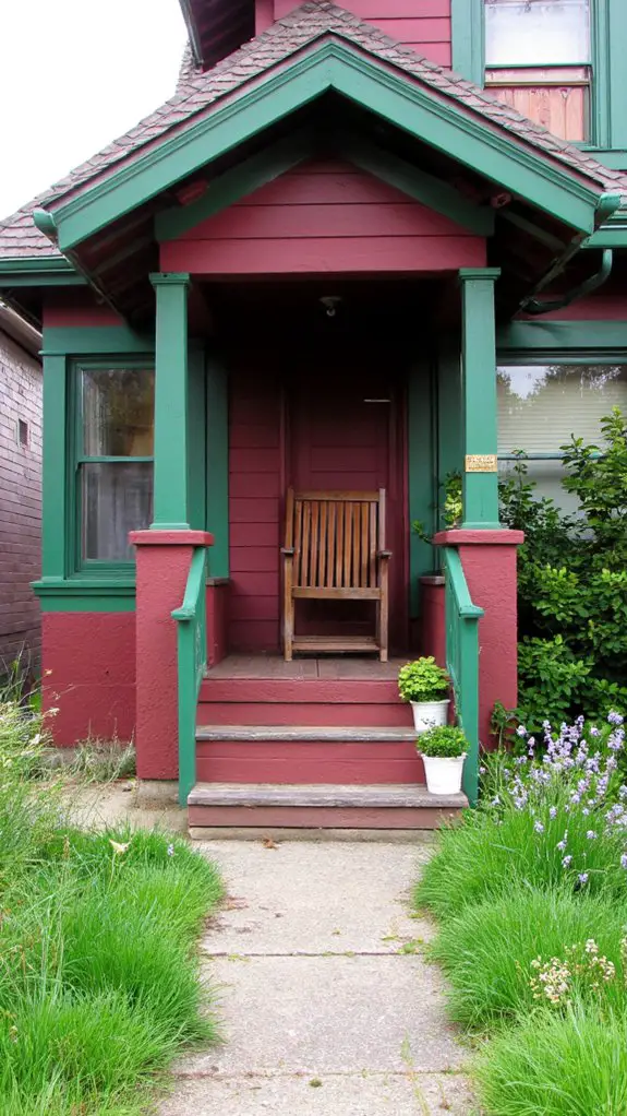 maroon home with green trim