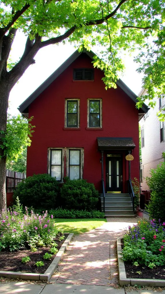 maroon house in greenery