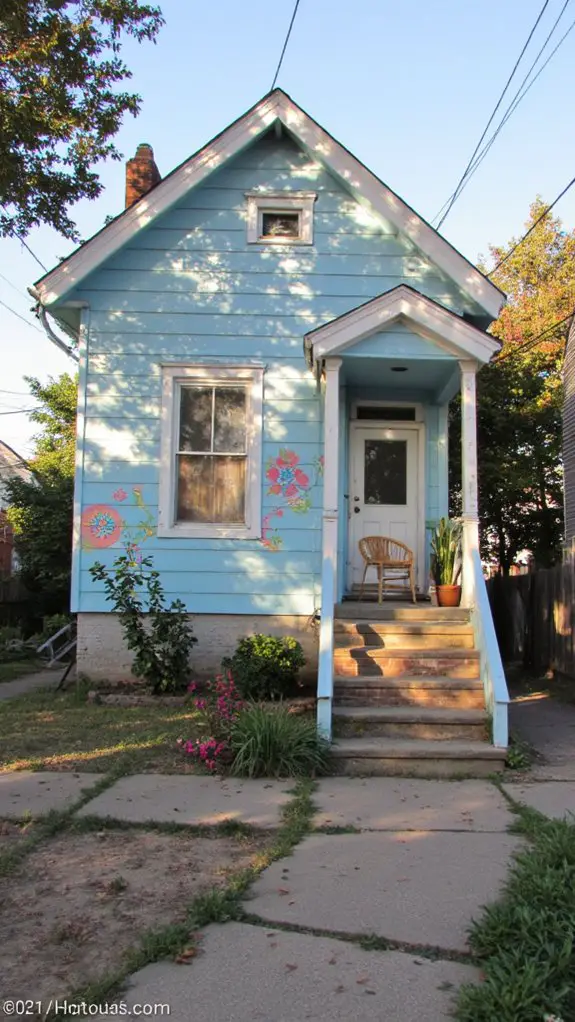 murals on light blue facades