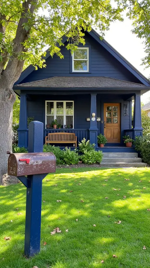 navy blue wooden mailbox