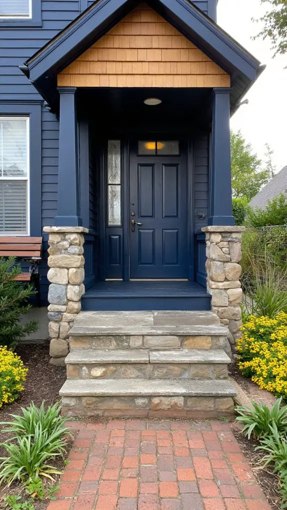 navy door with wood trim