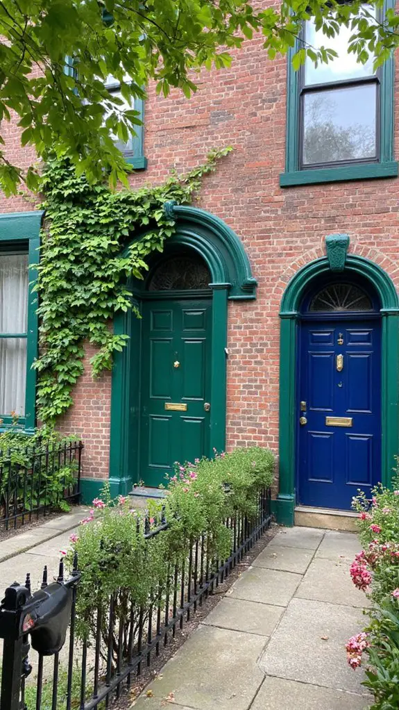 navy doors green facades