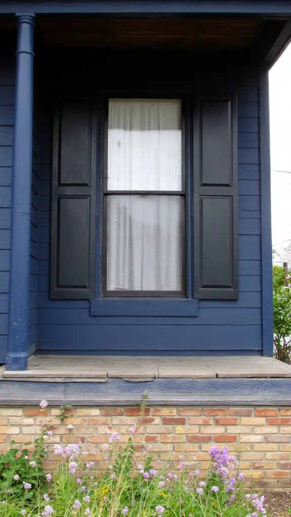 navy farmhouse with striking shutters