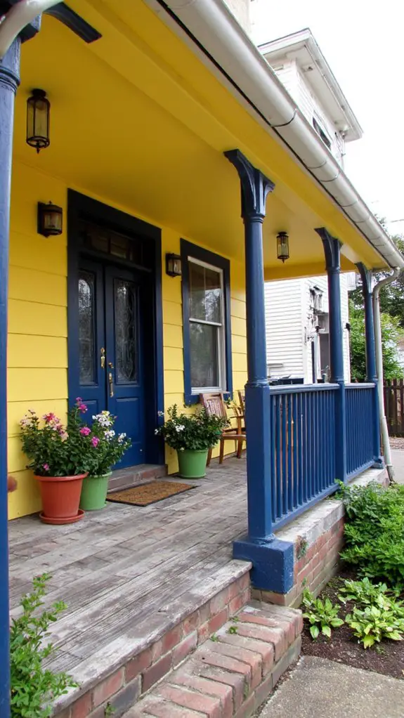 navy railing yellow farmhouse