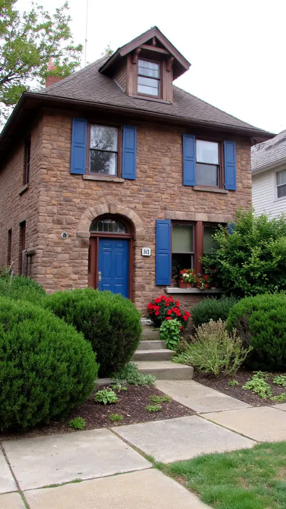 navy shutters brown facade