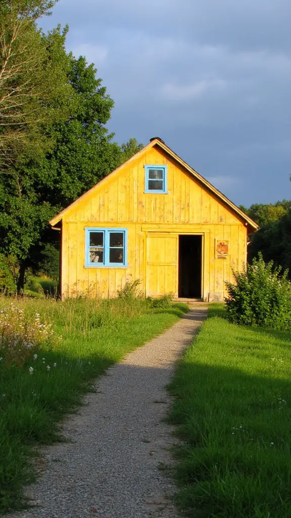 rustic barn with blue windows