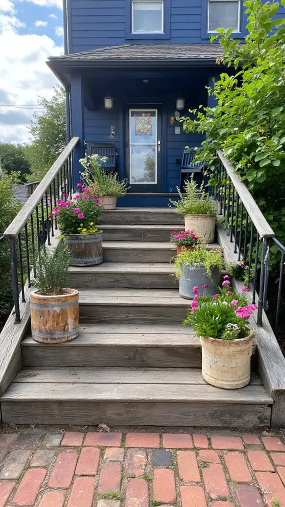 rustic planters on blue steps