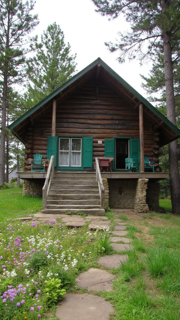 serene green log cabin
