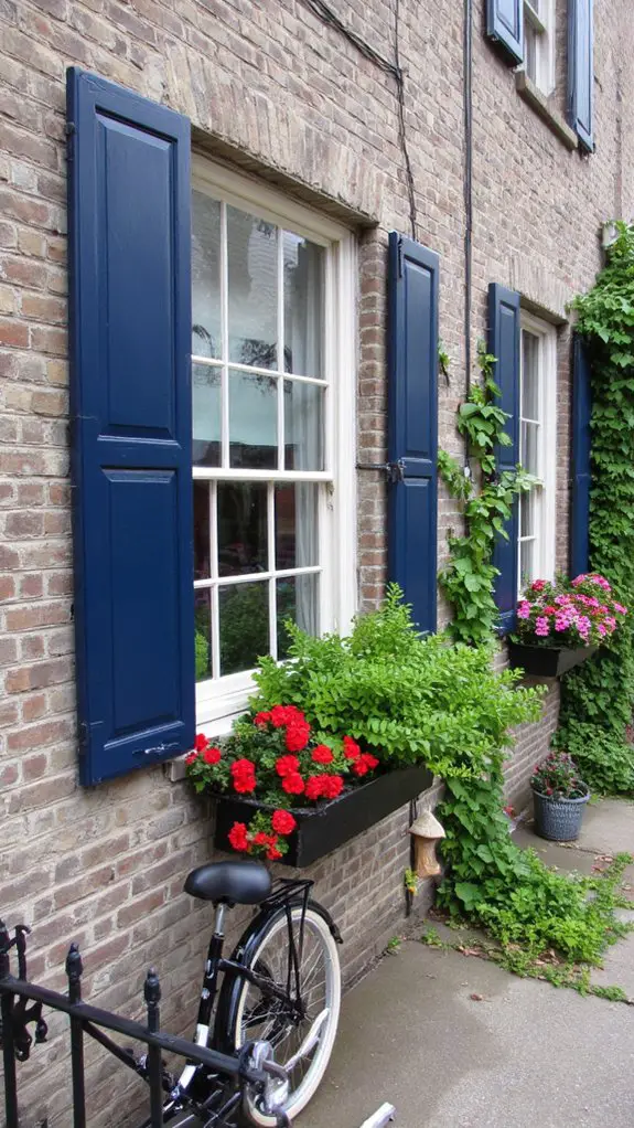 shutters and vibrant window boxes