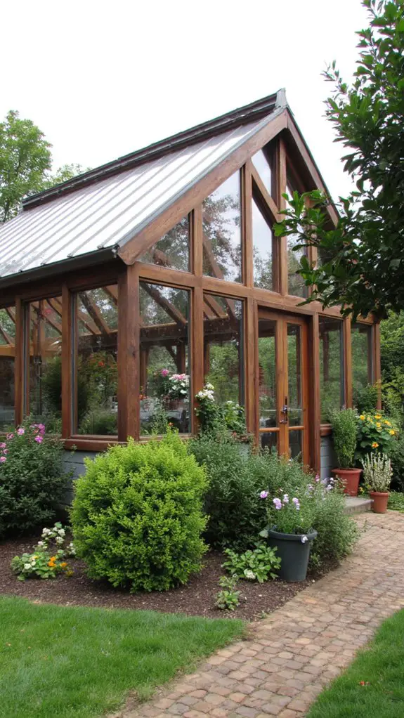 stylish greenhouse with walnut accents