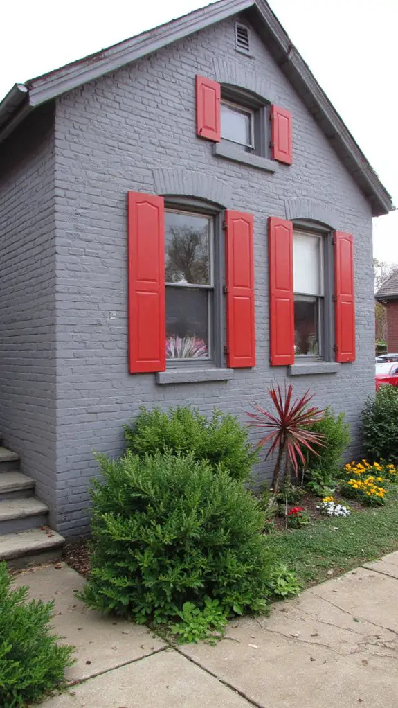 stylish red shutters contrast beautifully